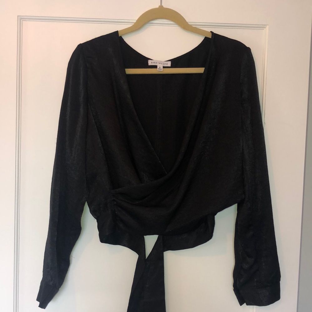Black Tie Back Crop Blouse